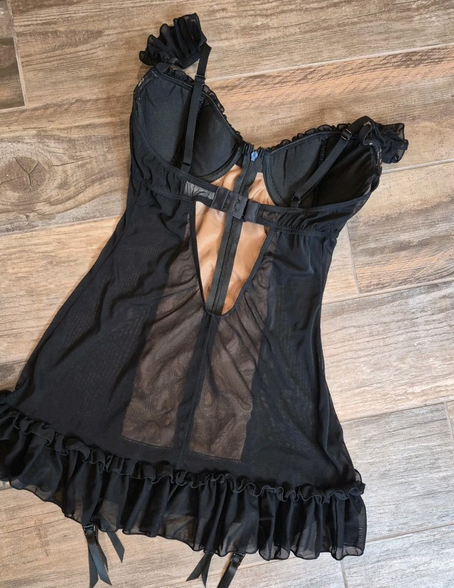XS/S Vtg Frederick&rsquo;s of Hollywood Black & Gold Mesh Chemise Nightie Dress