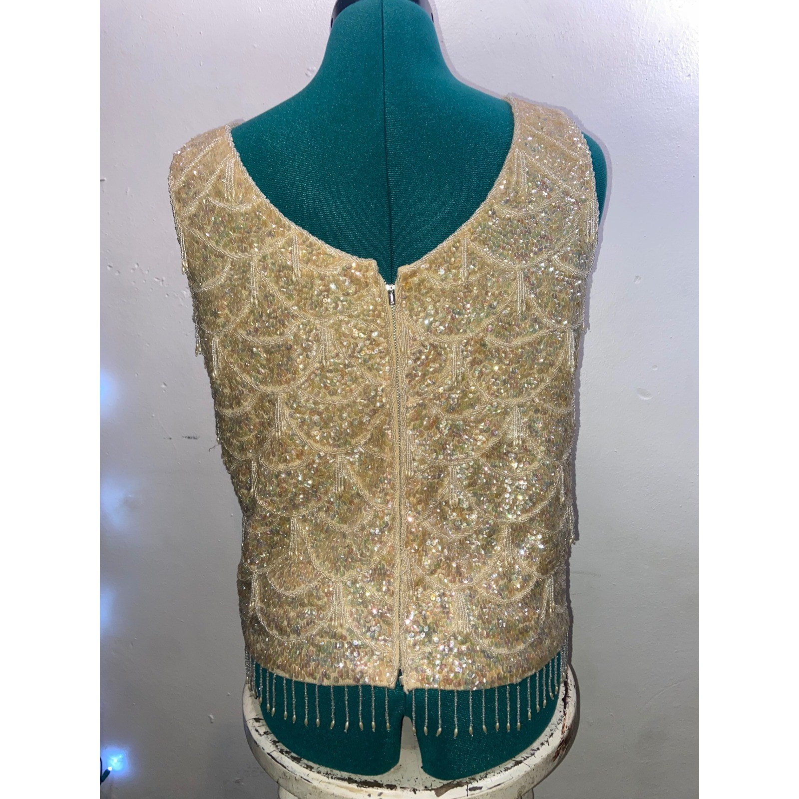 Authentic Vintage 1960s Hand Beaded Iridescent Scalloped Tank with Beaded Fringe