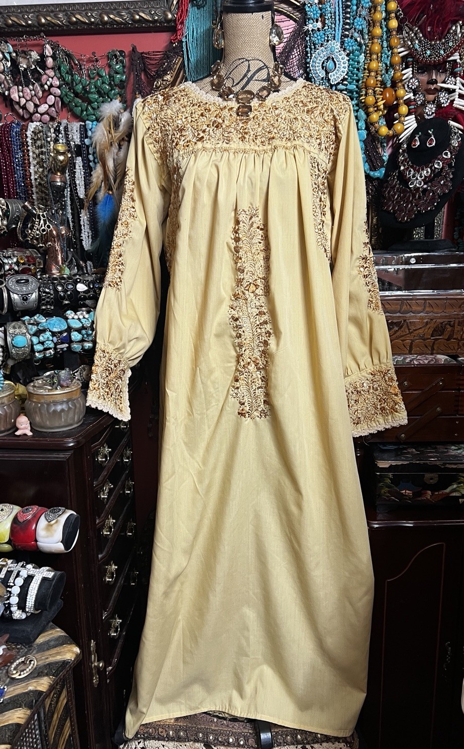 Gorgeous Gold Oaxaca Dress Gold Silk Embroidery & Tan Crochet Long Sleeve L/XL