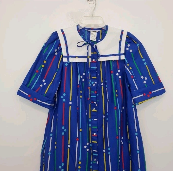 Vtg Models Coat Sz 10 Blue Multicolor House Dress Sailor Collar Snap Front NEW