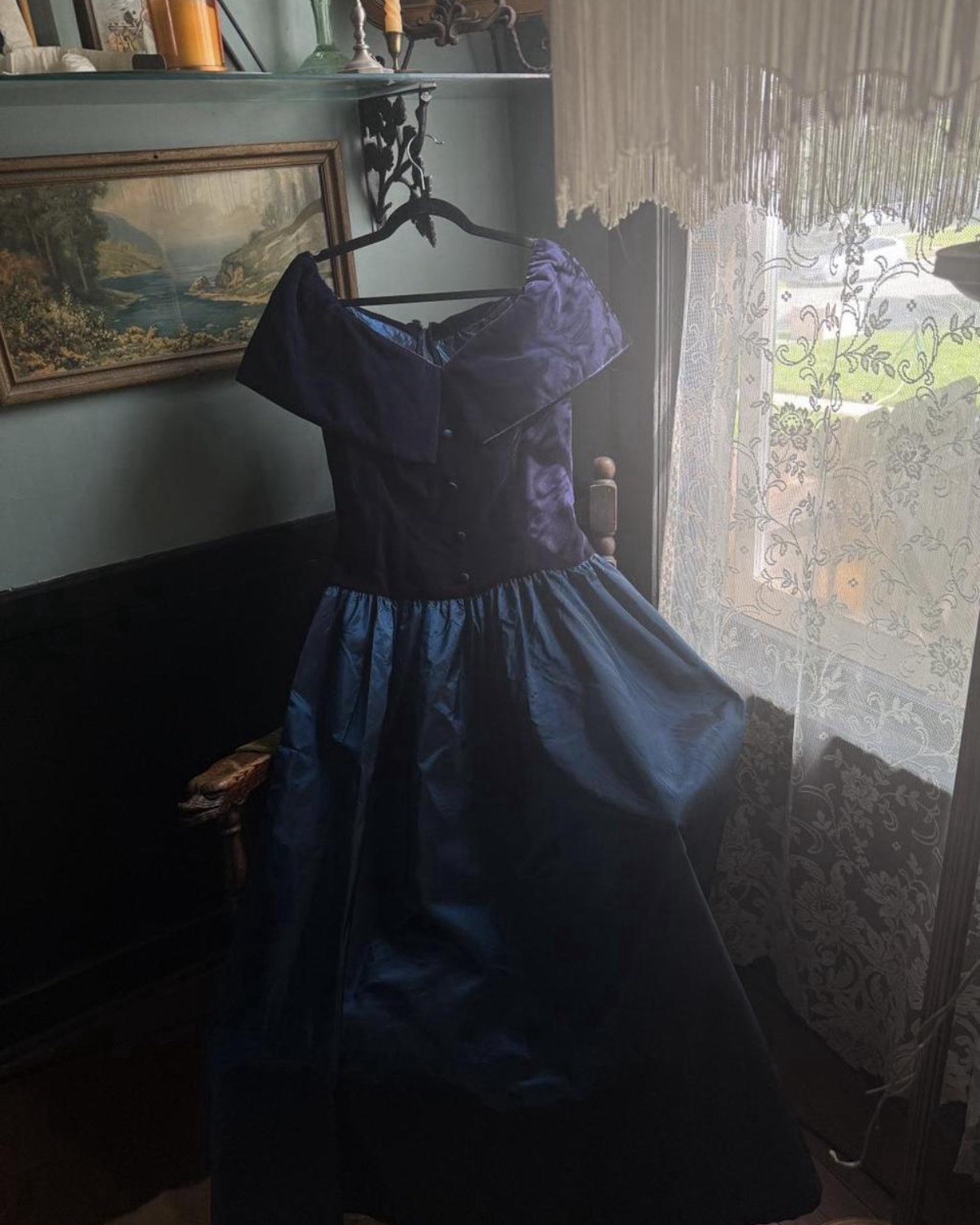 Vtg Alfred Angelo Blue Off Shoulder Formal Dress Sz 8 Excellent Condition