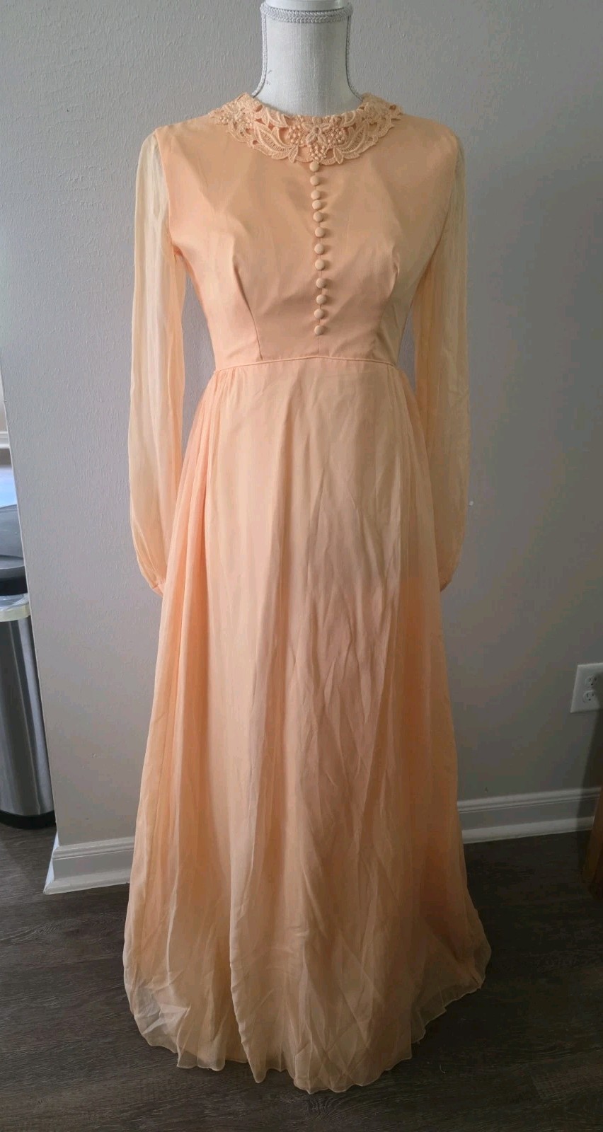 1970s Dress Size 4 Peach Silk Chiffon Long Sleeve Maxi Bridesmaid Vintage