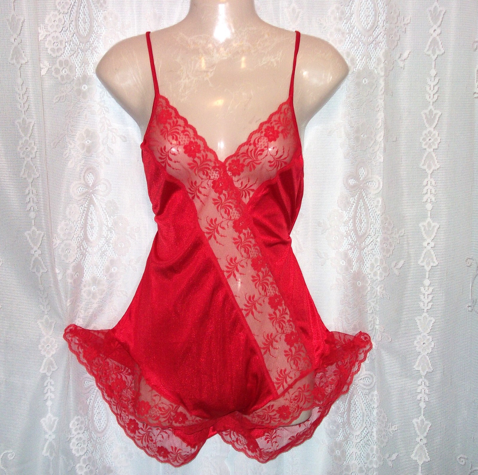 Med. »Texsheen » Hot cheery red,vintage teddy,babydoll nightgown,lingerie,shiny