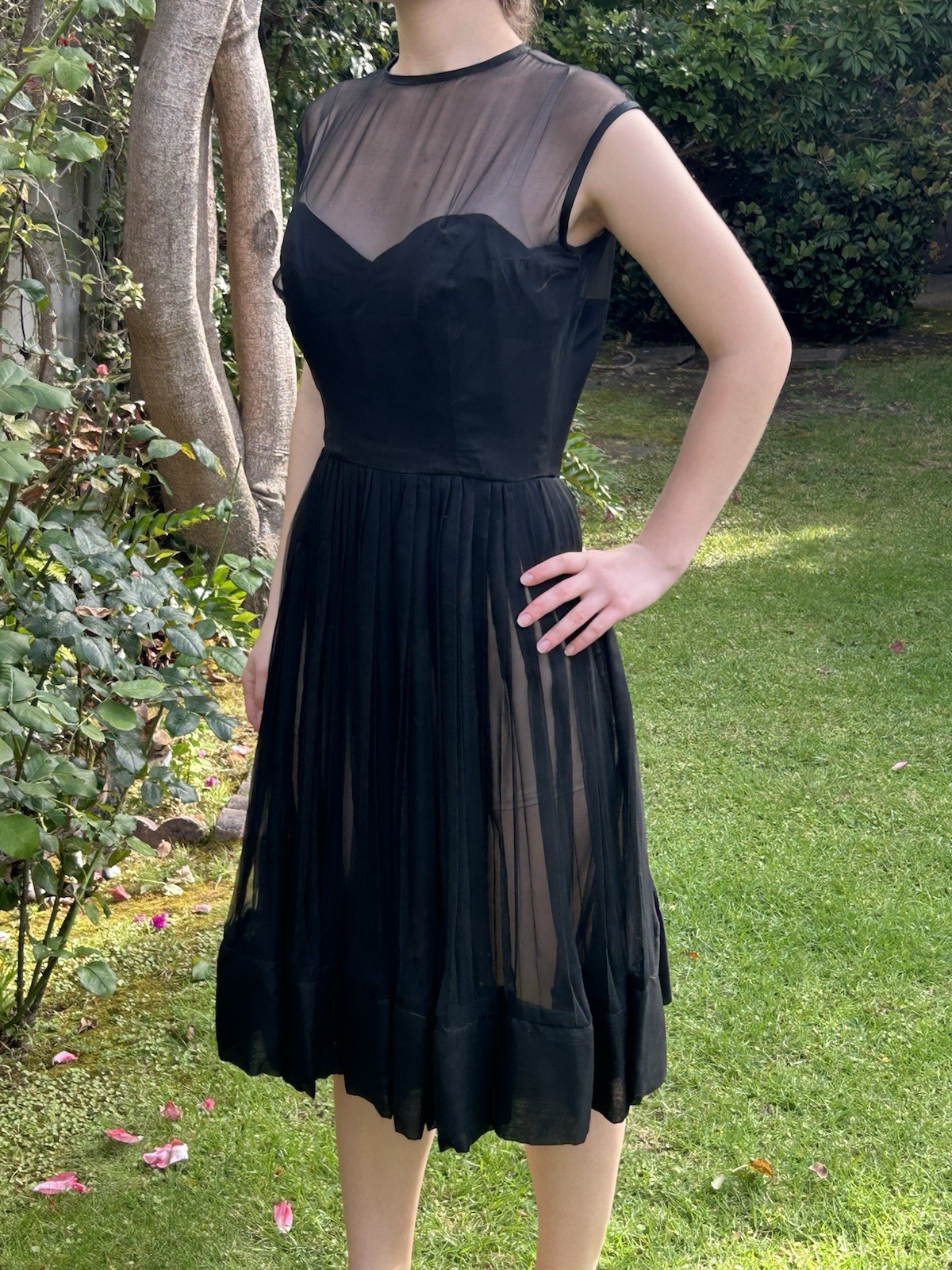 Vintage 50s M Silk Chiffon Sheer Pleated Evening Dress Sexy Full Circle