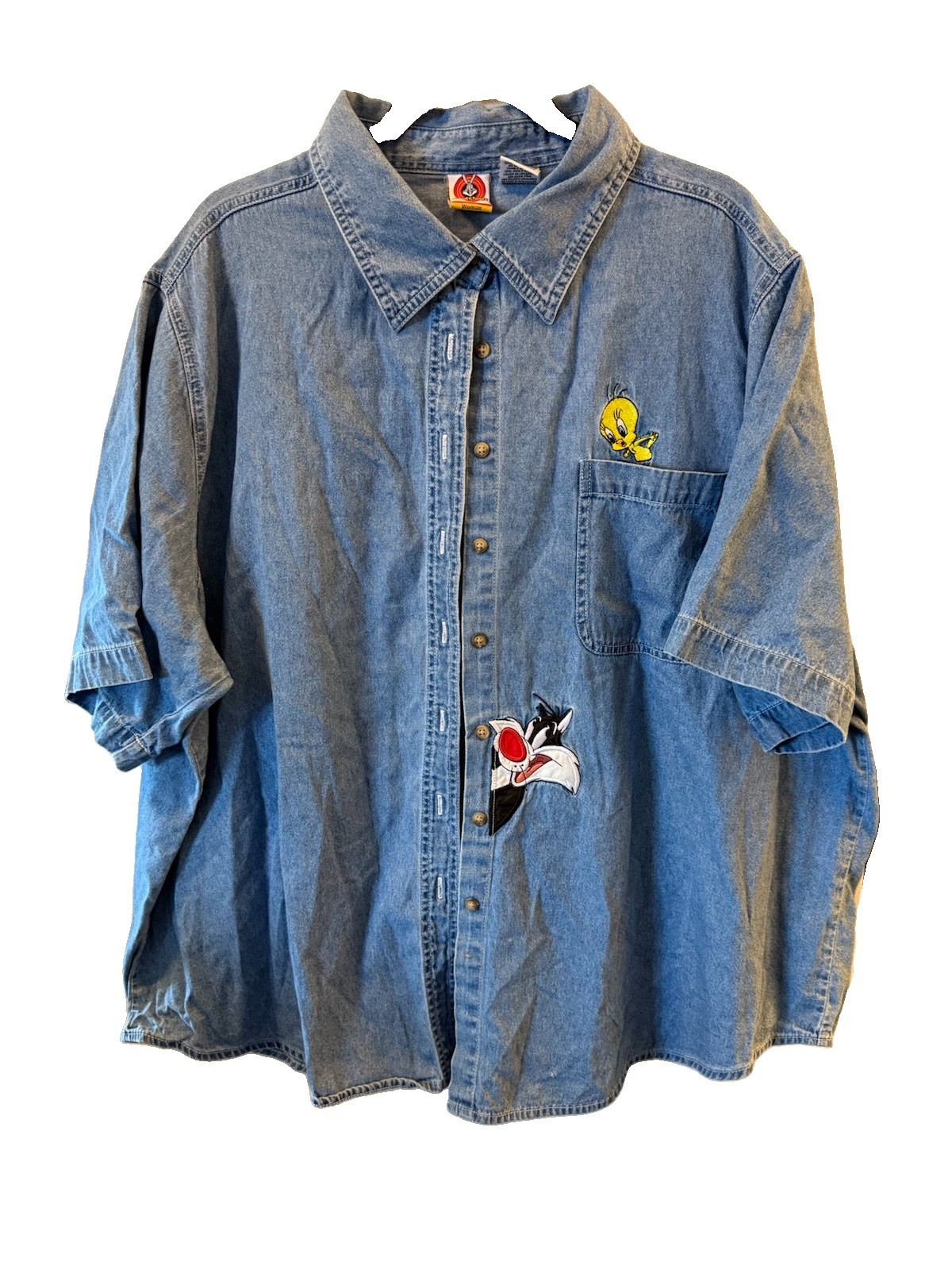 Vintage Tweety Sylvester Denim Shirt Looney Tunes Plus Size 26 / 28 Y2K 2000