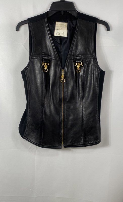 Vintage 90s Alberto Makali Cache Women&rsquo;s Black Leather Wool Zip Front Vest USA