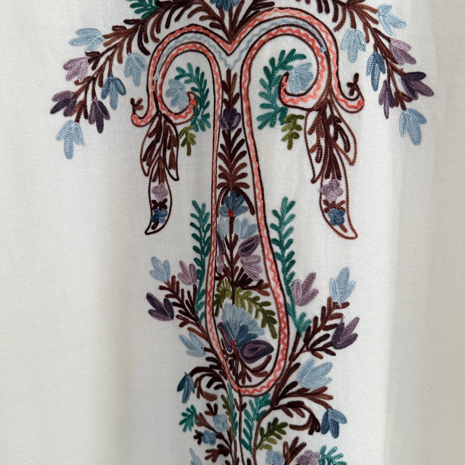 Woolen Coat Long Jacket Off-White, Multicolor Embroidery Size 46 (14, XL) Boho