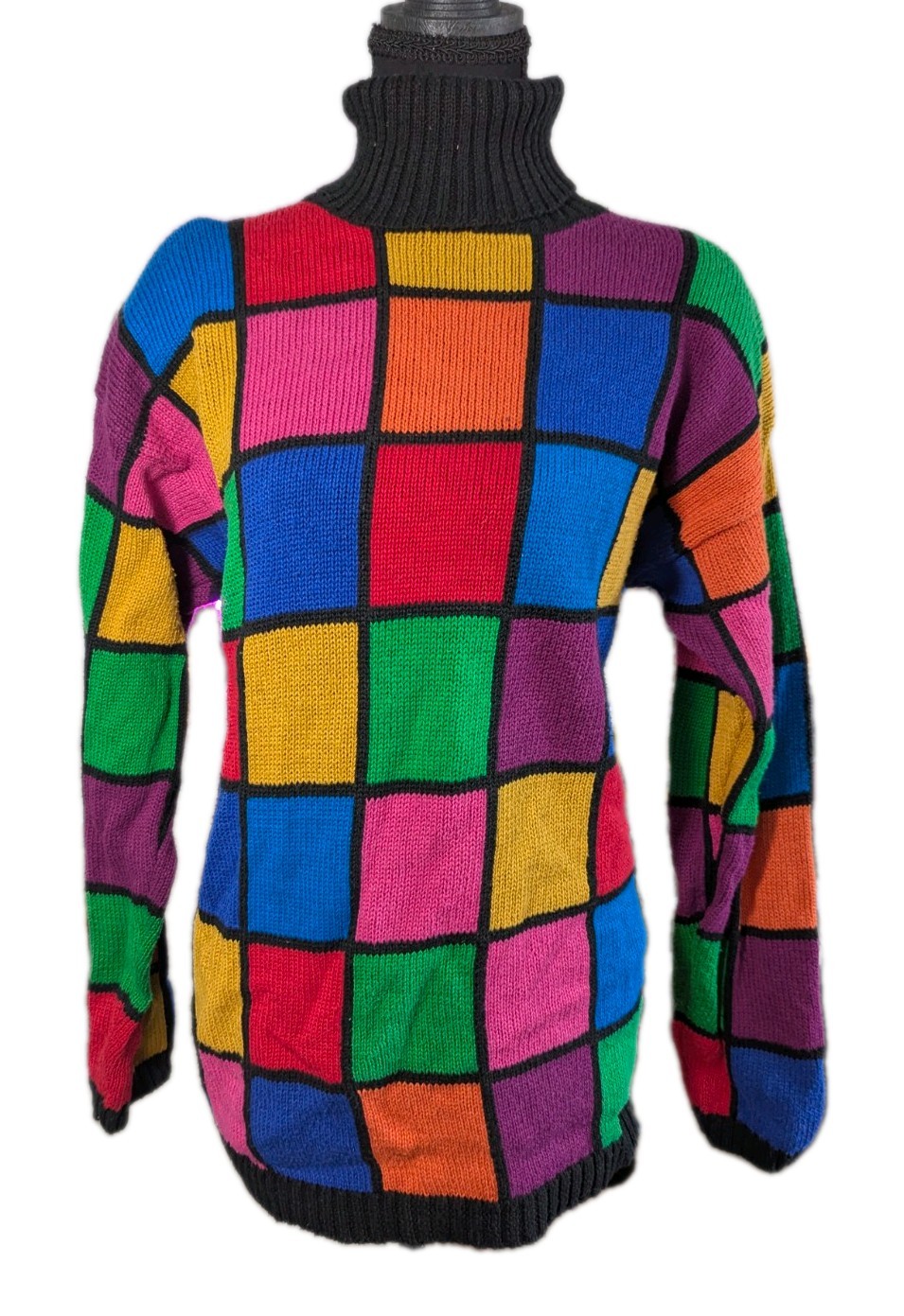 VTG 90s Rafaella Multicolored Squares Turtleneck Oversized Sweater Size Medium