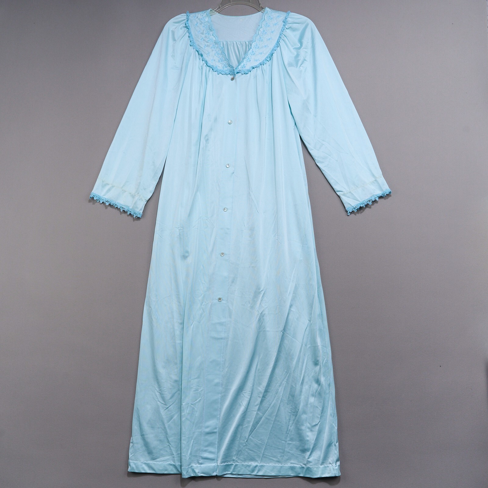 Vintage Shadowline Robe Womens M Aqua Nylon Lace Long