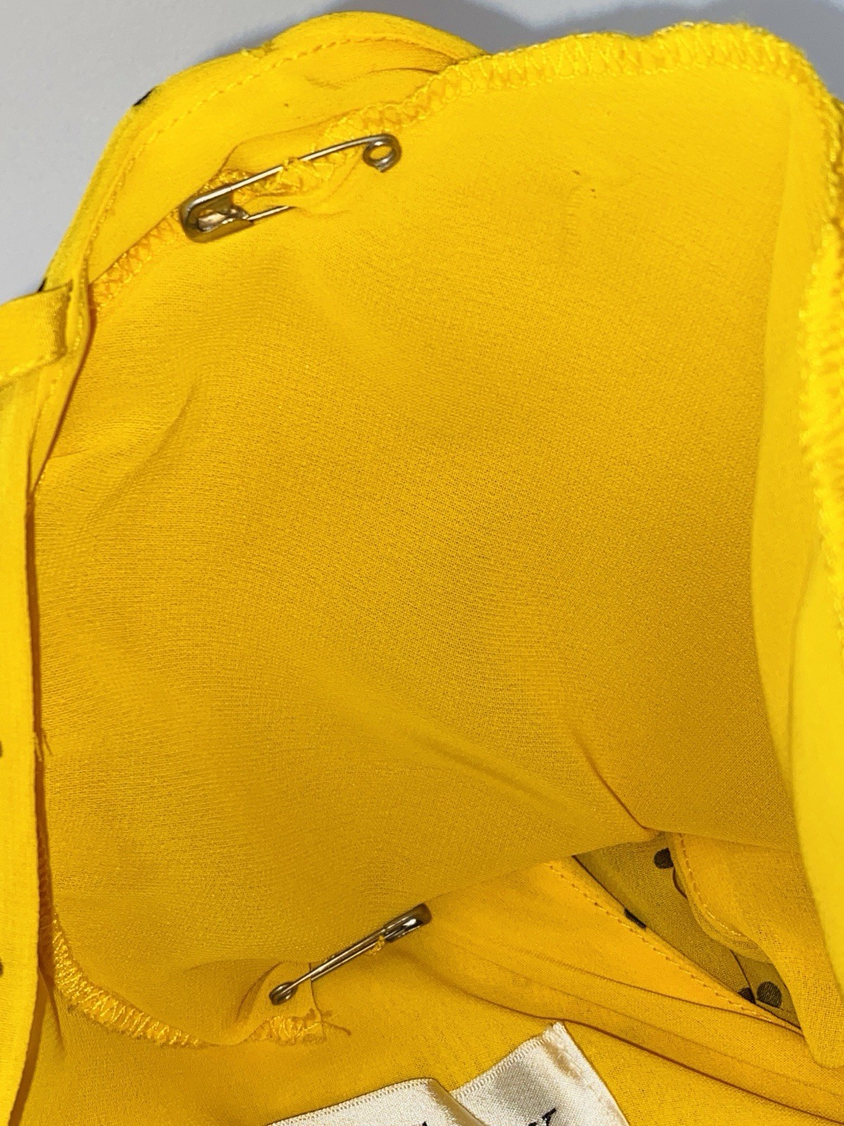 WAYNE CLARK Vtg 80s Yellow Brown Polka Dot Chiffon Draped Dress Floaty Scarf W30