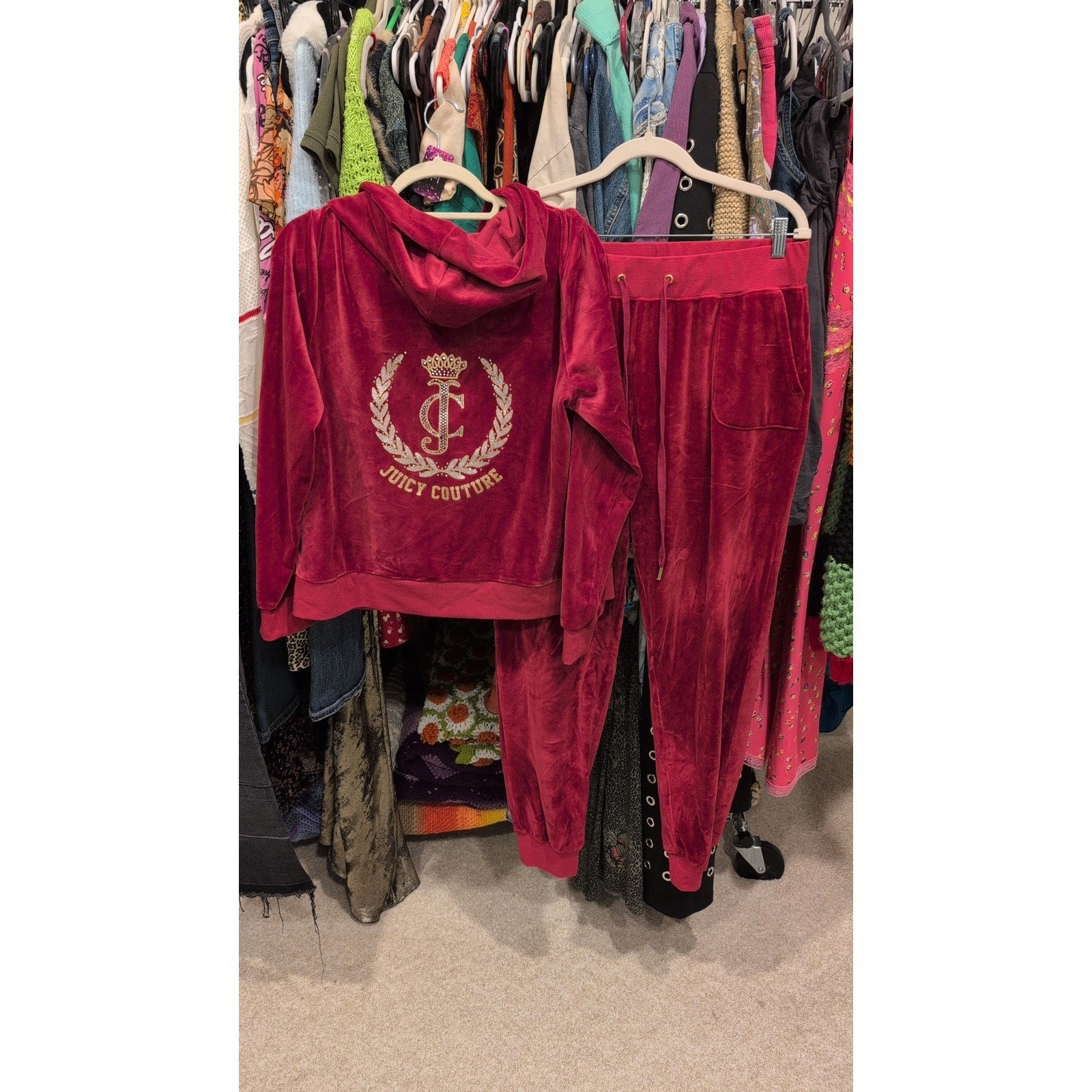 Y2K JUICY COUTURE VELVET SWEAT SUIT JACKET PANTS PINK RHINESTONES BLING LARGE