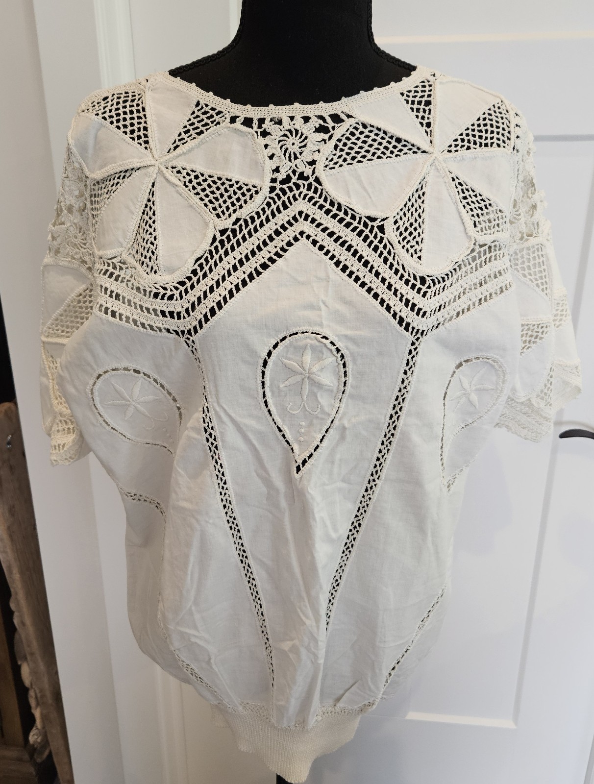 VTG NOS Hand Made BANDO Crochet Lace 100% Cotton Linen Tunic Large Women&rsquo;s Top