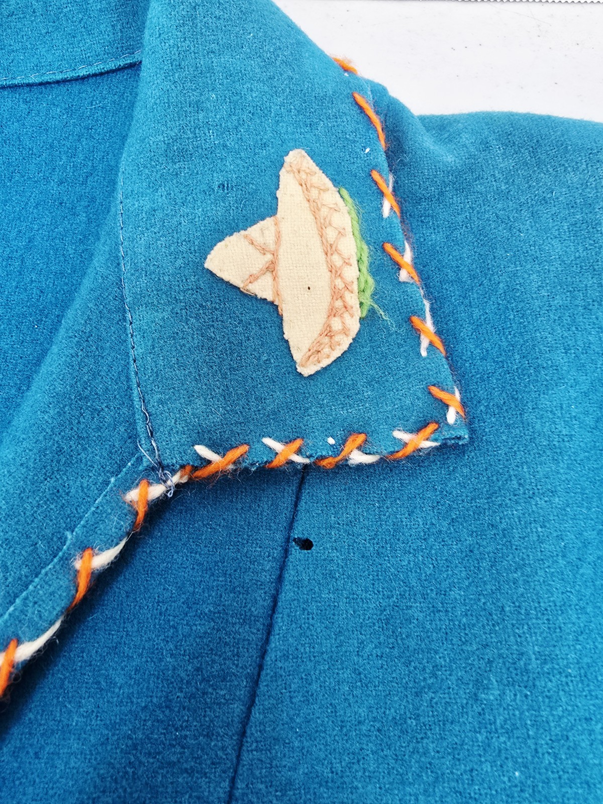 Vintage Mid-Century Lopez Mexican Wool Embroidered Souvenir Jacket – Teal As-Is