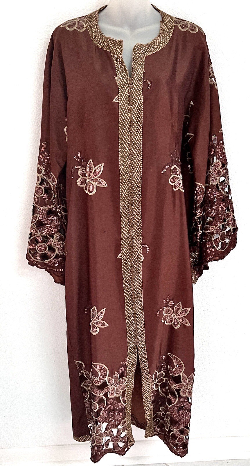 VINTAGE*MOROCCAN LONG BRONZE /SEQUIN djellaba*CAFTAN GOWN DRESS~M/L