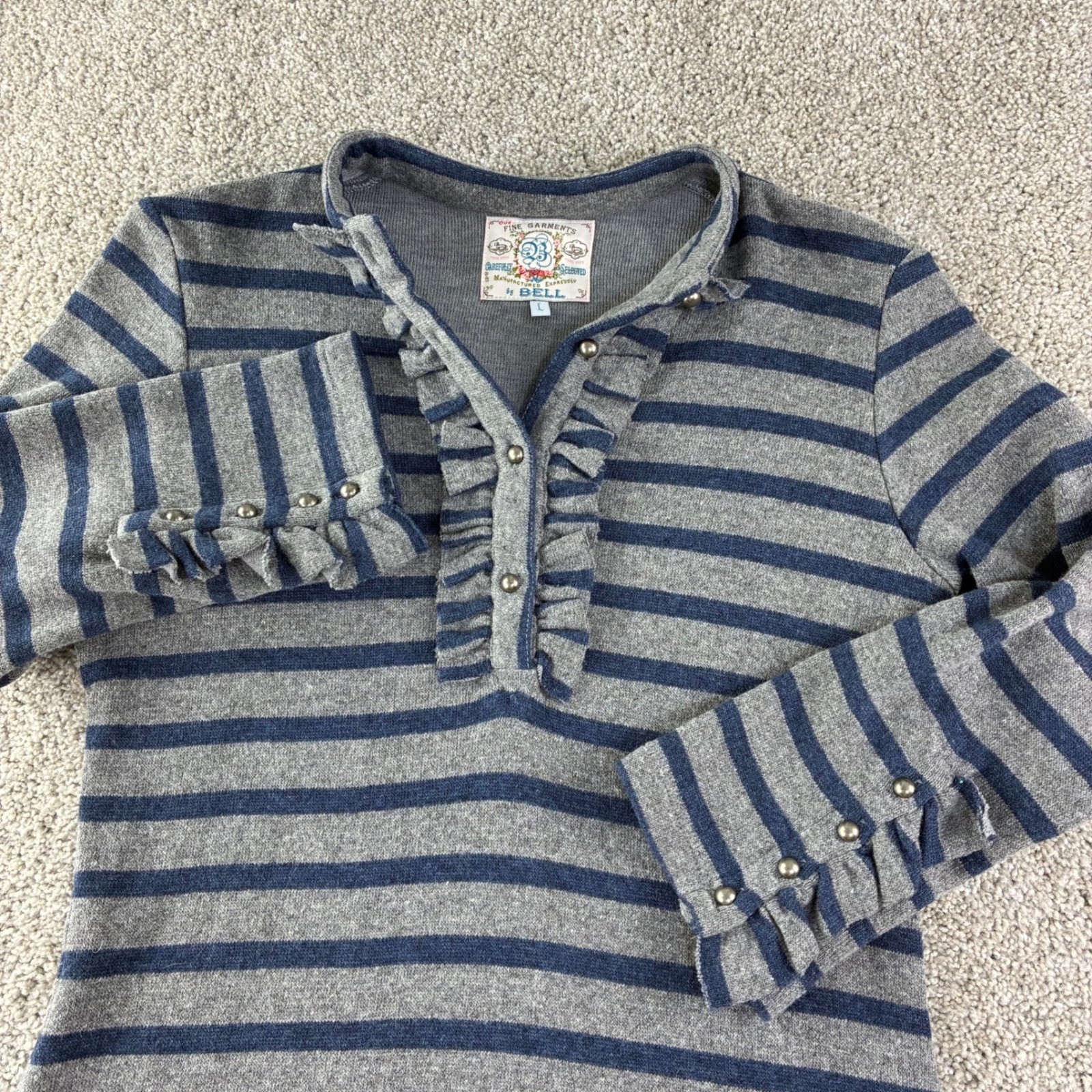Fine Garments by Bell Wool Blend Striped Dress L Blue Striped Ruffle Neck A Line