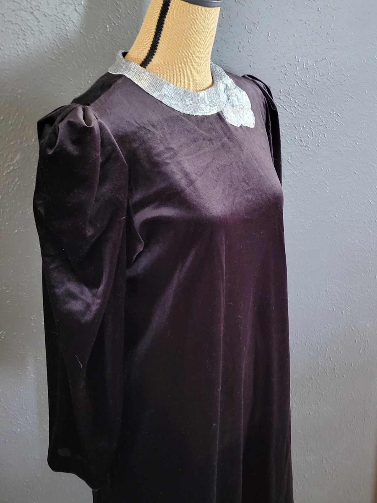 David Brown Vintage Black Velour Dress With Silver Sequined Neckline Medium