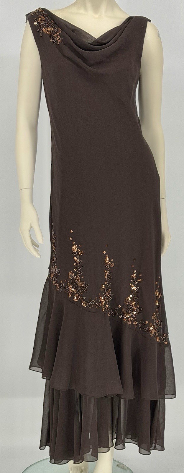XSCAPE by Joanne Chen Vintage Evening Dress Chocolate Brown w/Copper Sequins Sz8