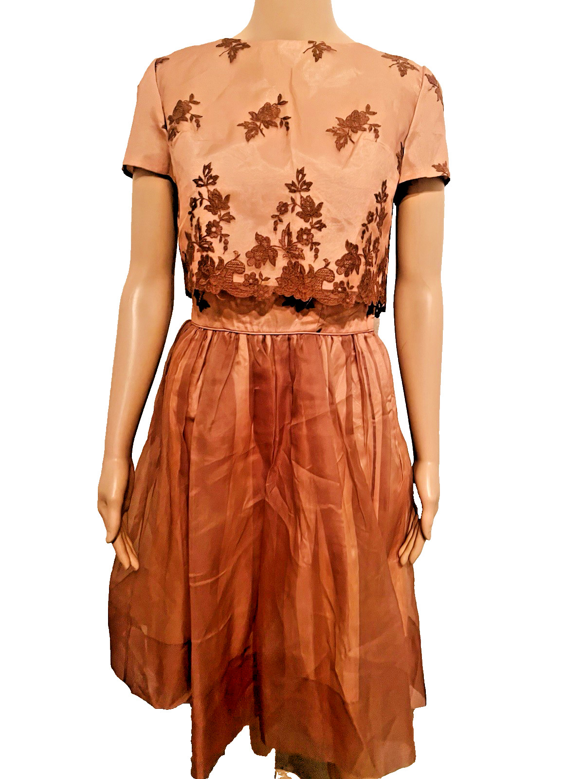 VTG 50s Nina 2pc Copper/Brown Cocktail Dress & Jacket Embroidered Floral Lace M*