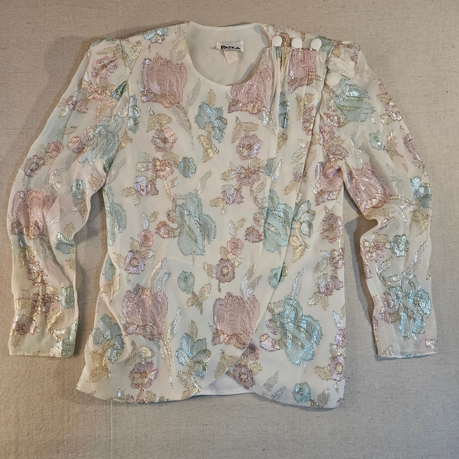 Vintage Patra Metallic Floral Evening Blouse 10 Made USA Shoulder Pads Party