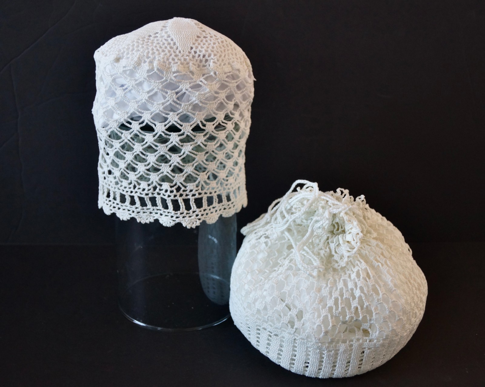 Vintage Crocheted Boudoir Night Cap Sleep Cap Bonnet & Matching Drawstring Bag