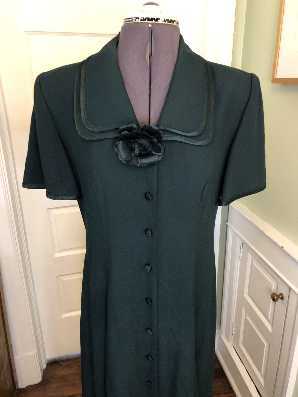 80s John Roberts Forest Green Short Sleeve Button Down Dress M