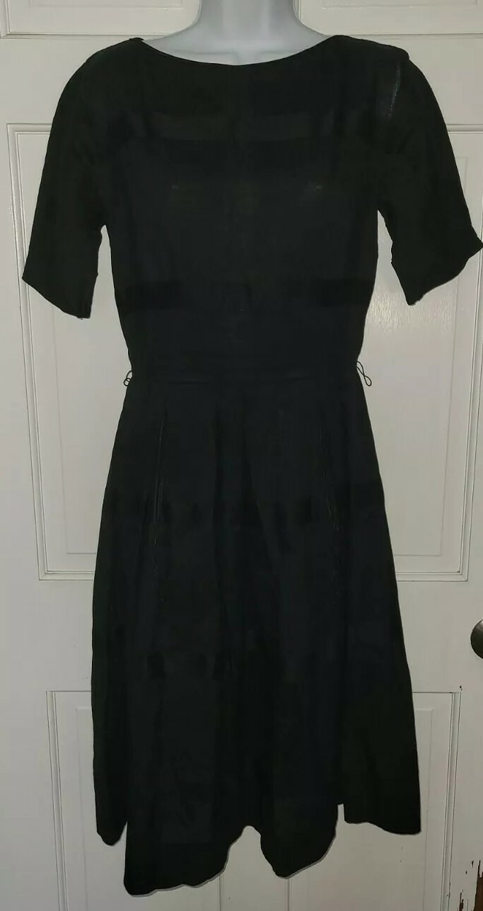 L&rsquo;AIGLON Black Linen Full pleated pocket Skirt Dress S Vintage 60s