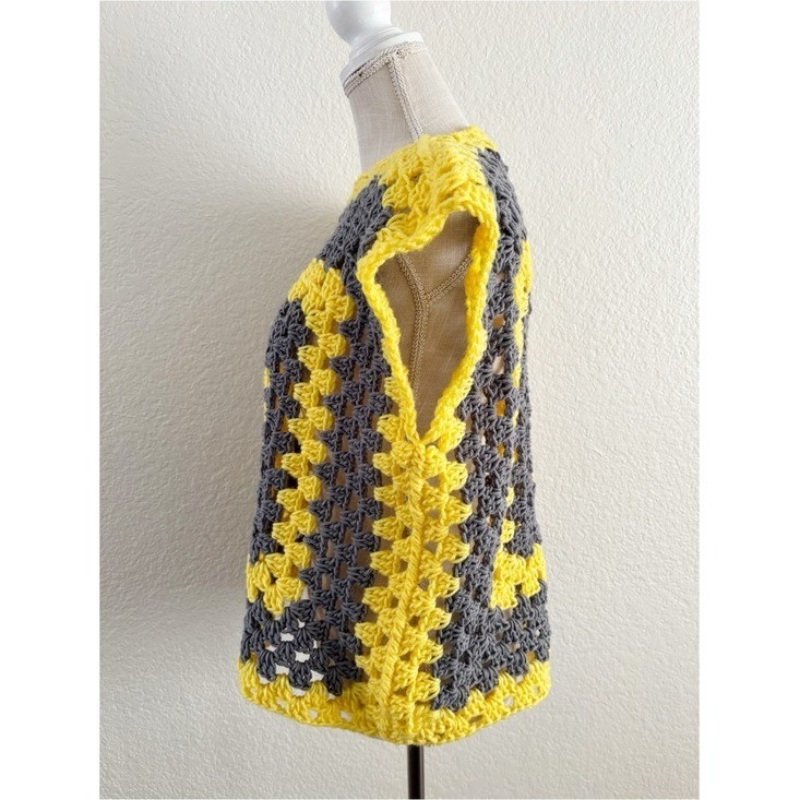 Handmade Crochet Granny Square Top OS Yellow Grey Sleeveless Vest Boho