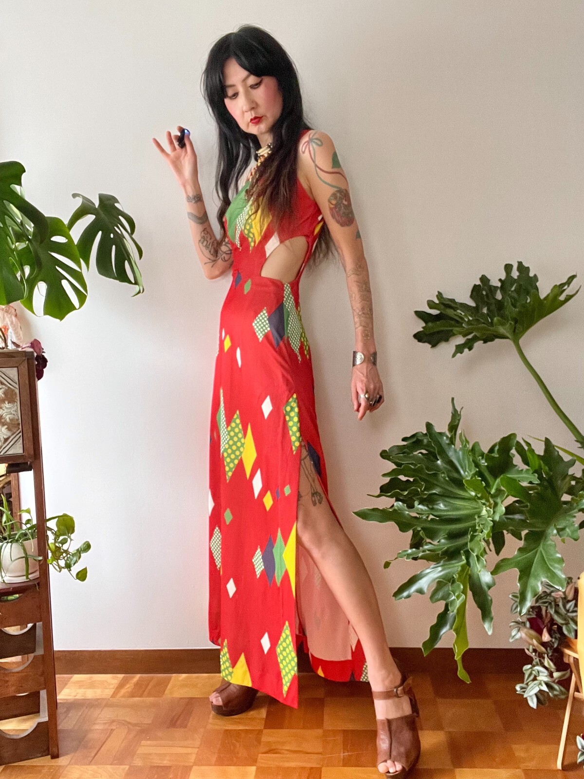 VTG 60s 70s Mod Geometric Cutout Maxi Dress S/M Psych Kitsy Boho Side Slit