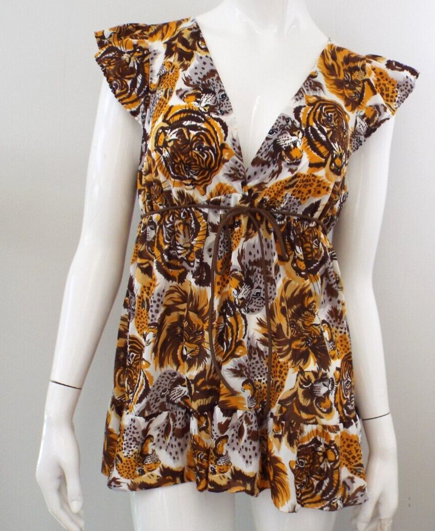Vintage Nylon Babydoll Gown Tiger Leopard Ruffle Nightie Slip Dress JC Penney SM