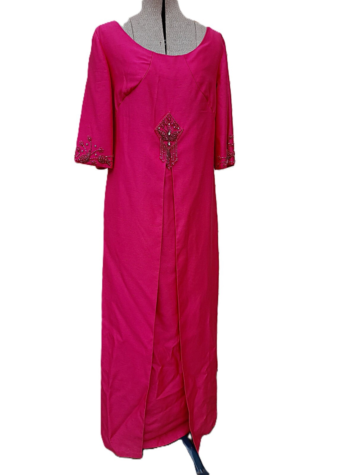 Vintage 60s Hostess Dress Fuchsia Pink Beaded Maxi Party Gown 38&Prime; Bust