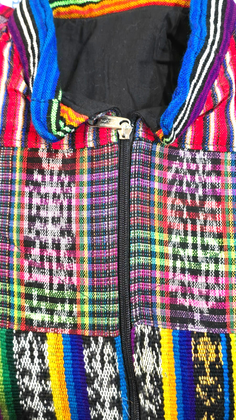 Huipil Strip Guatemala Hippie Patchwork Festival Woven Zip Bomber Jacket VTG 90s