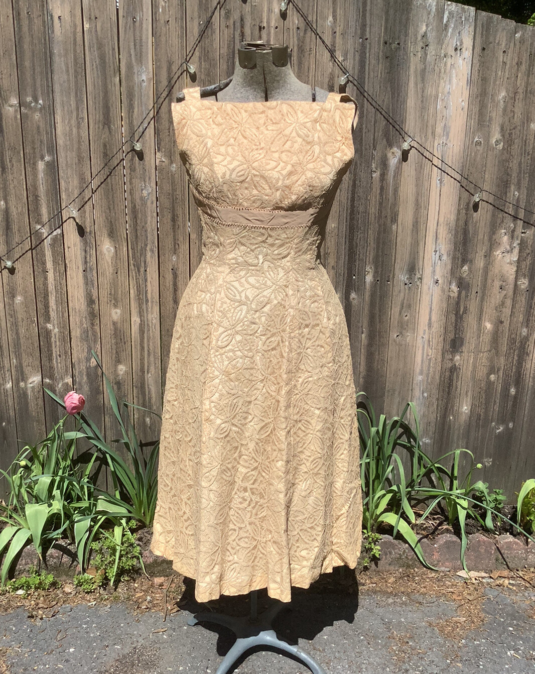 Vintage 1950s Party Prom Dress with Lace Overlay Crinoline Light Peach Small TLC