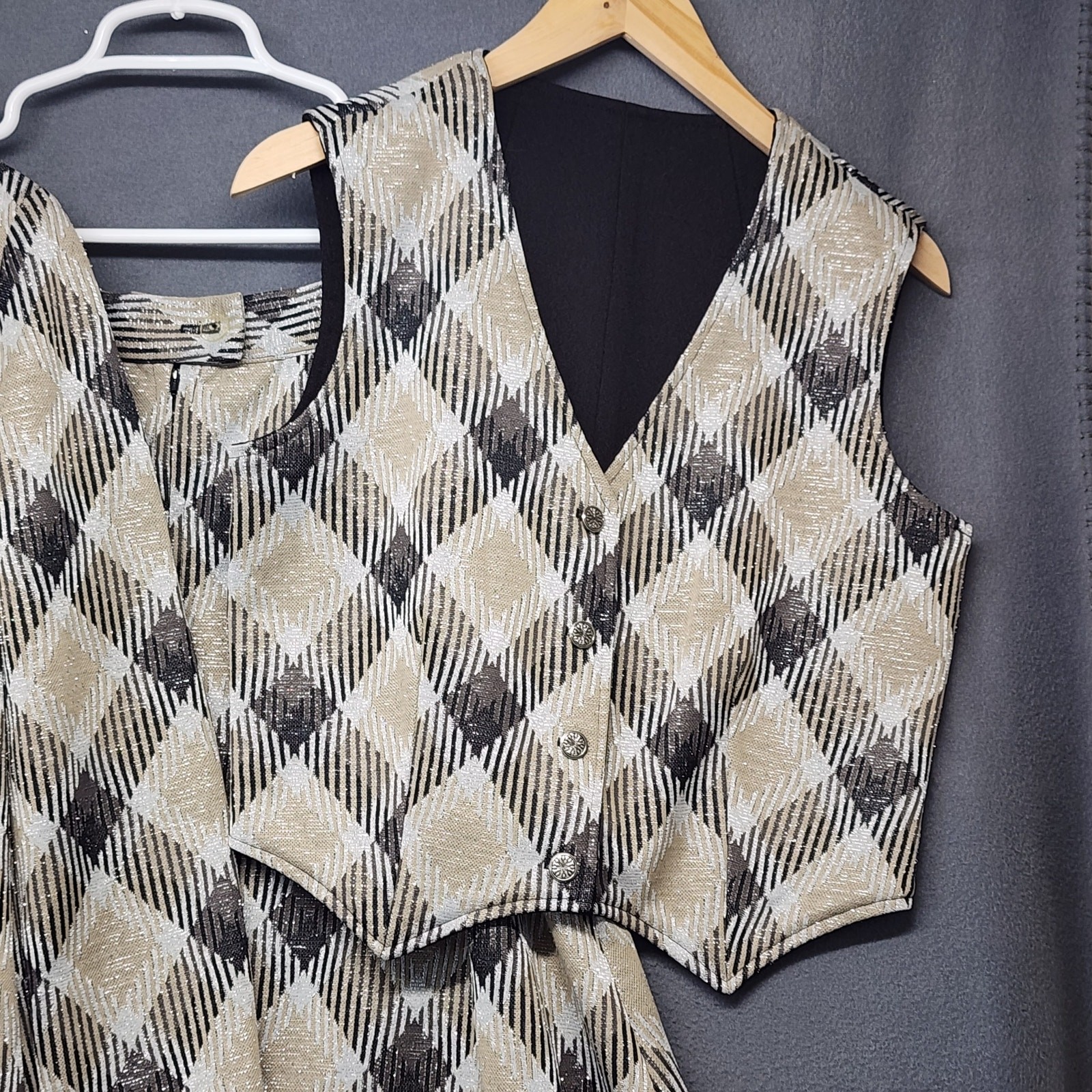 Vintage Handmade 3 Piece Set Jacket Vest Skirt Womens S/M Plaid Metallic 60s 70s