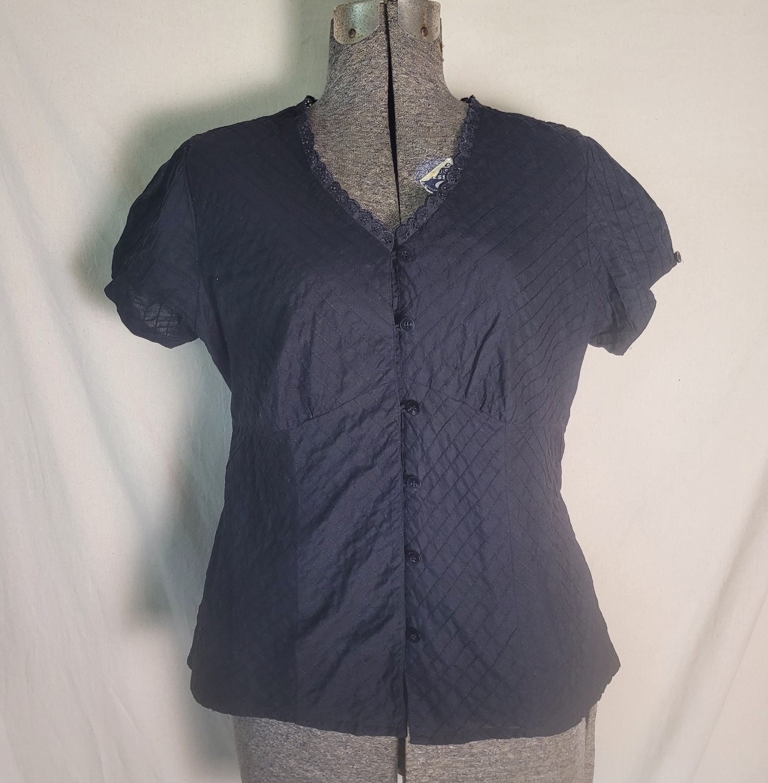 Vintage 90s Y2K Black Short Sleeve Button Up Blouse Top Elementz Large Goth
