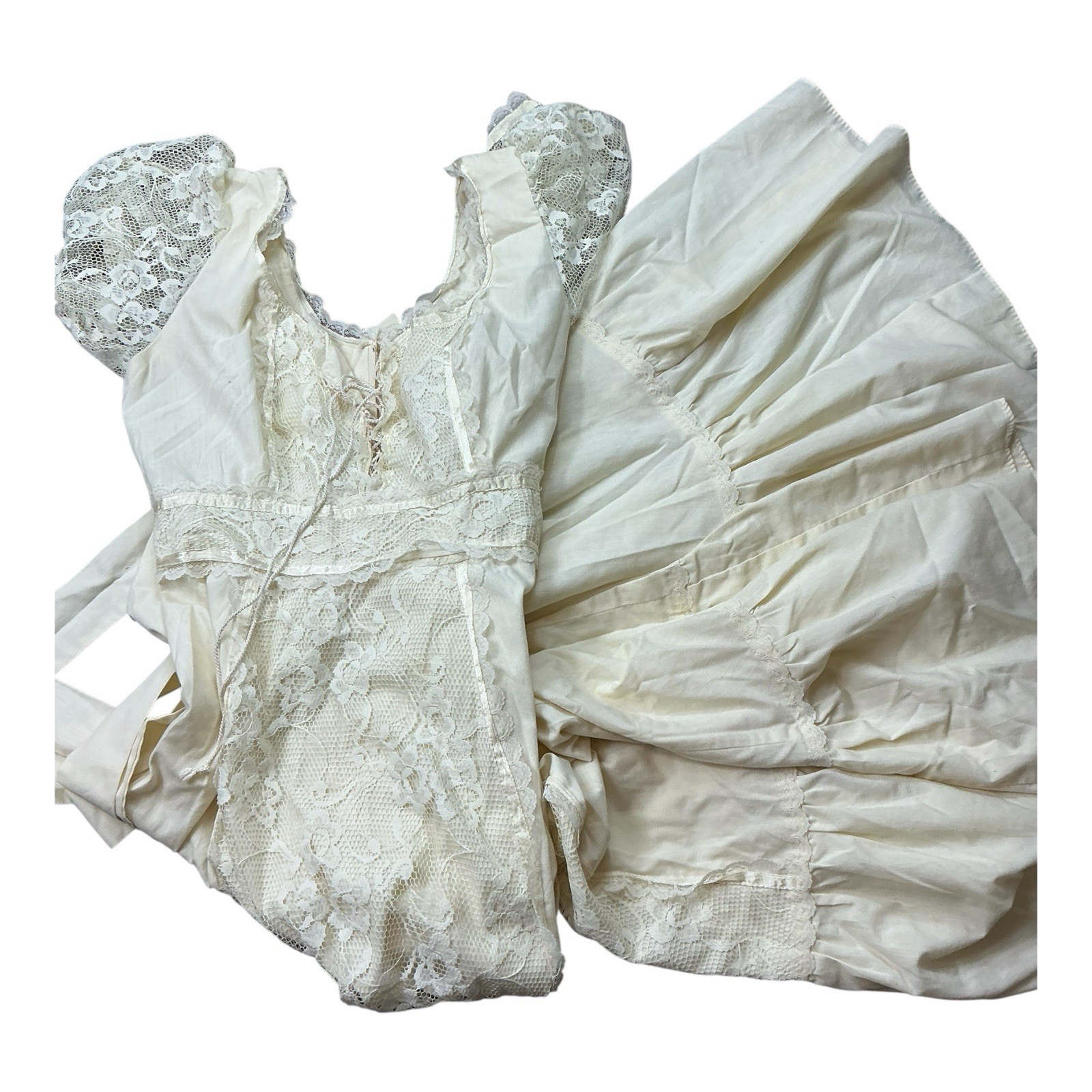 Vintage 70s Doni Girl California lace trim cream/ivory belted prairie dress SZ S