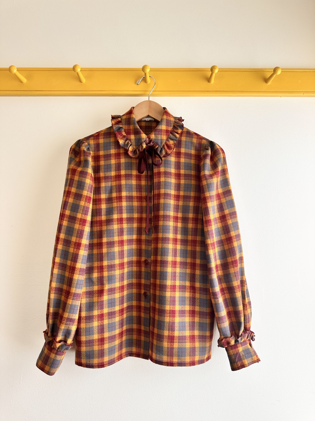 Vintage 70s GUY LAROCHE Paris fine wool plaid ruffle collar blouse top shirt S M