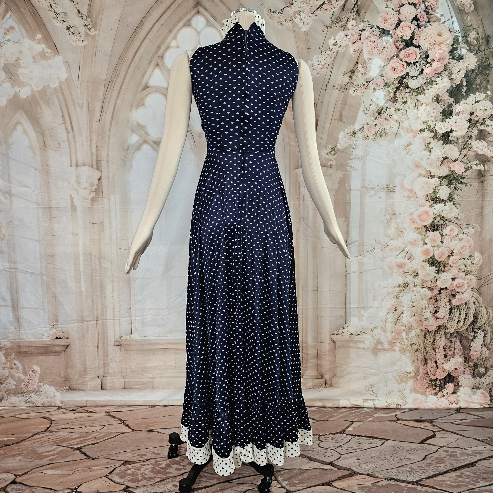 Vintage 1970s Dress Navy Blue White Hearts Ruffle Sweetheart Neckline Maxi