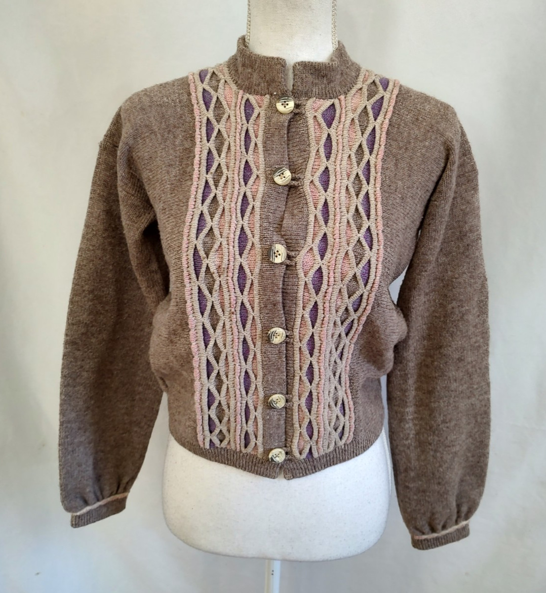 Vintage 60&rsquo;s Angie Dix Sweater Cardigan 100% New Wool Fancy Knit Rose Gray Small