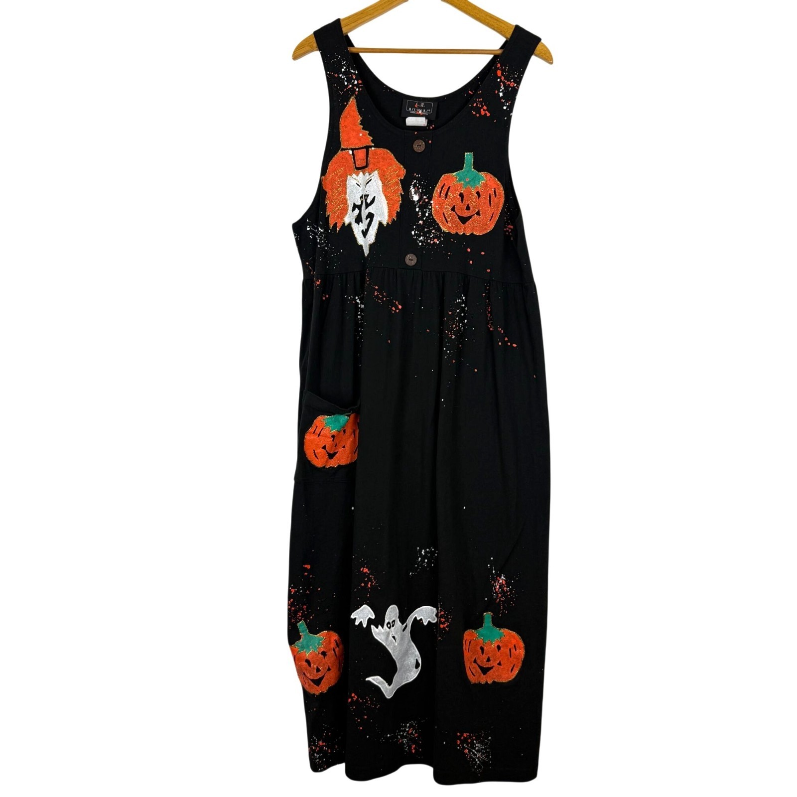 Vtg 90s L.A. Artwear Halloween Jumper Dress Hand Painted Witch Pumpkin Ghost OS