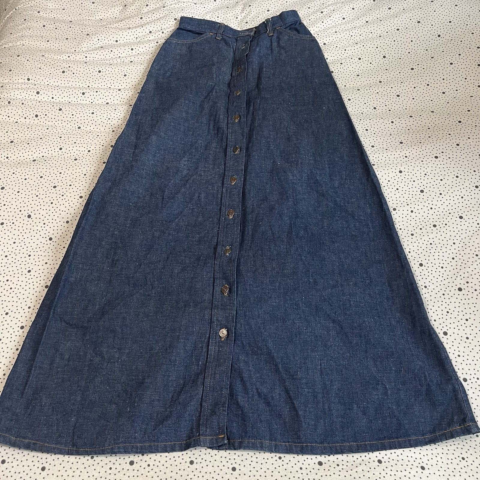 Vintage 1960s 70s Levi&rsquo;s Denim Maxi Skirt Womens 1/12 Big E Orange Tab Button