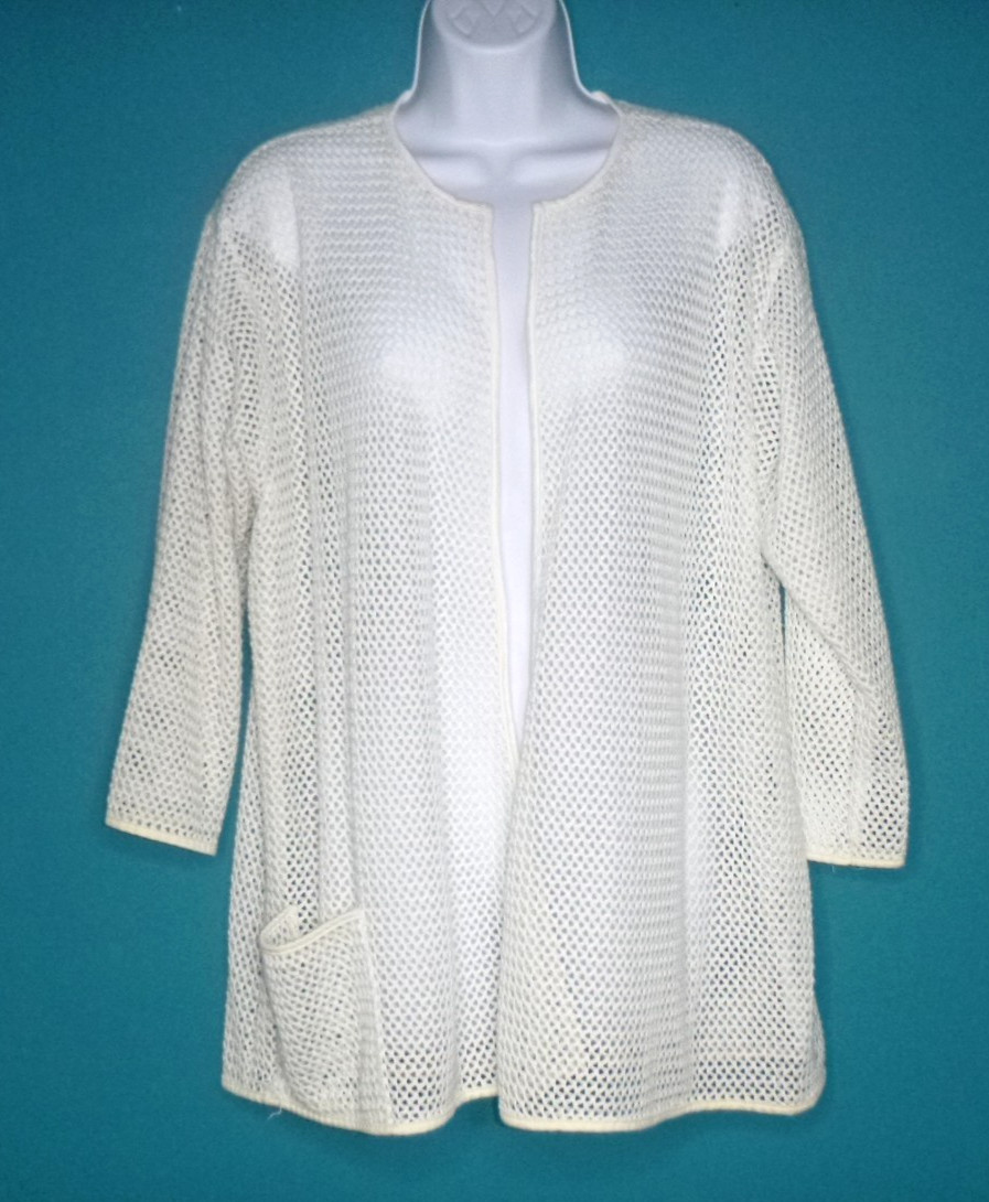 Vtg 70s Catalina White Cotton Mesh Cardigan Beach Cover Up Sz M/L