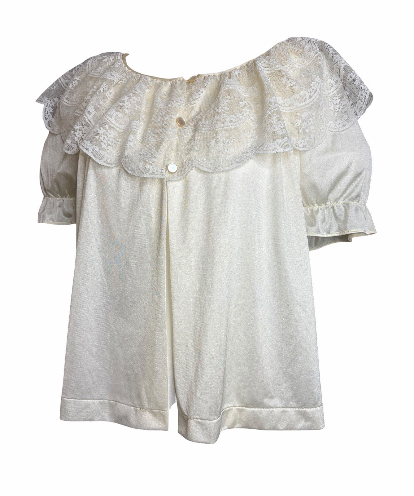 Vintage Ivory Lace Bed Jacket M Cropped Open Front Coquette Boudoir Nylon Top