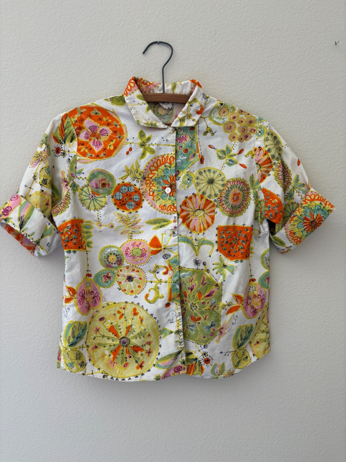 Vintage 50s 60s Cotton Novelty Print Blouse Top XS/S Mid Century Rockabilly