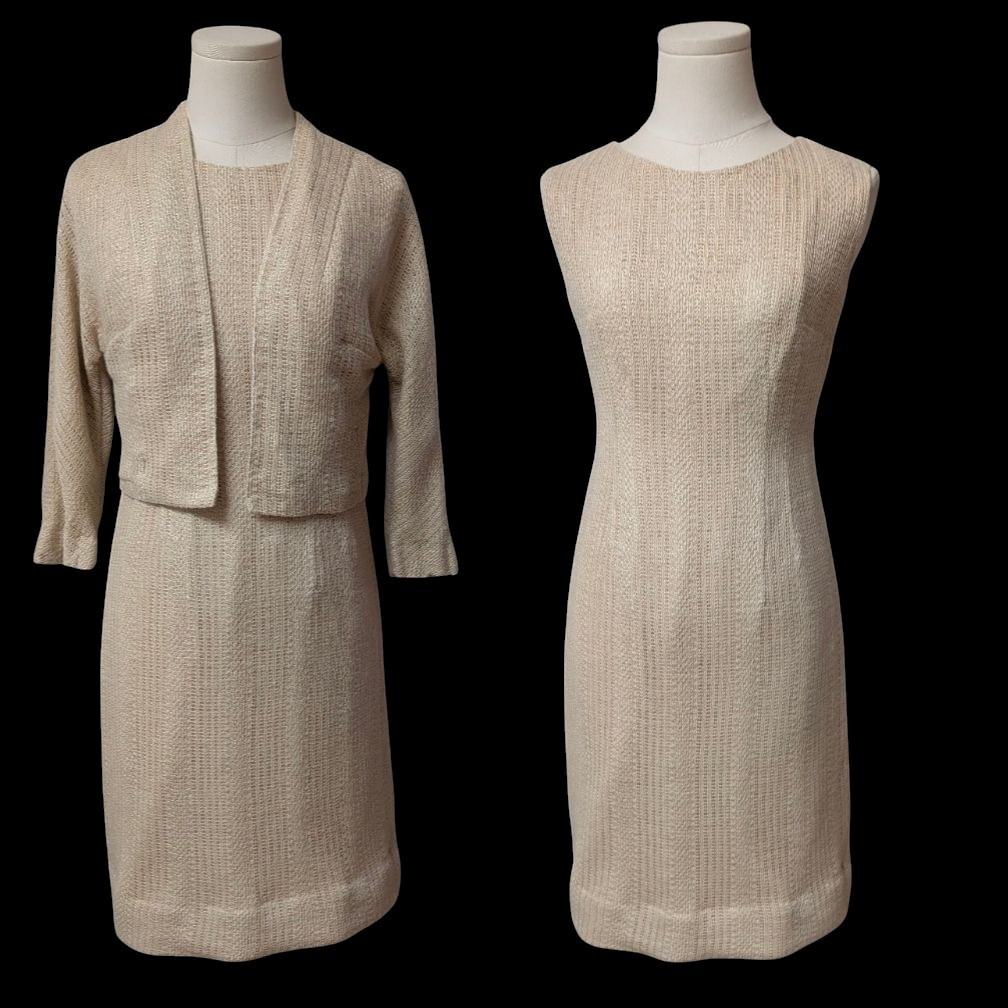 Vintage 60&rsquo;s Knit Pencil Dress With Cropped Jacket XS 2 Piece Set Oatmeal