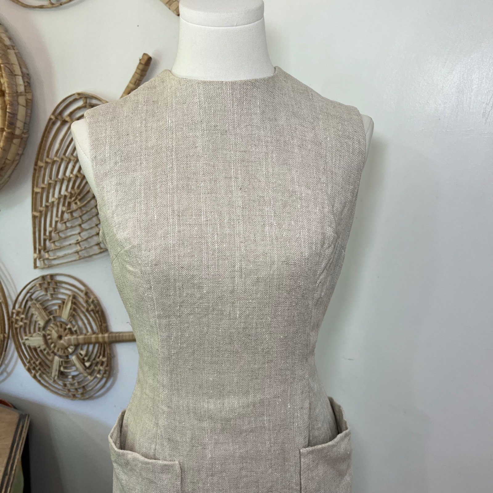 Vintage 1950s Junior Sophisticates Oatmeal Linen Sheath Dress Button Back Set S