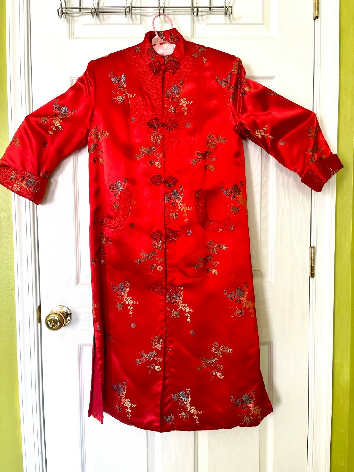 Vintage Chinese Red Embroidered Peony Brand Silk Robe