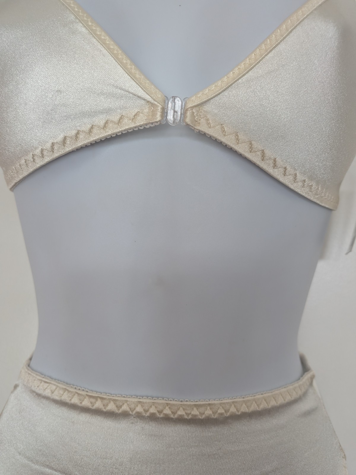 Vintage JCPenney Ultimate Basics shiny ivory satin panties front hook bra set S