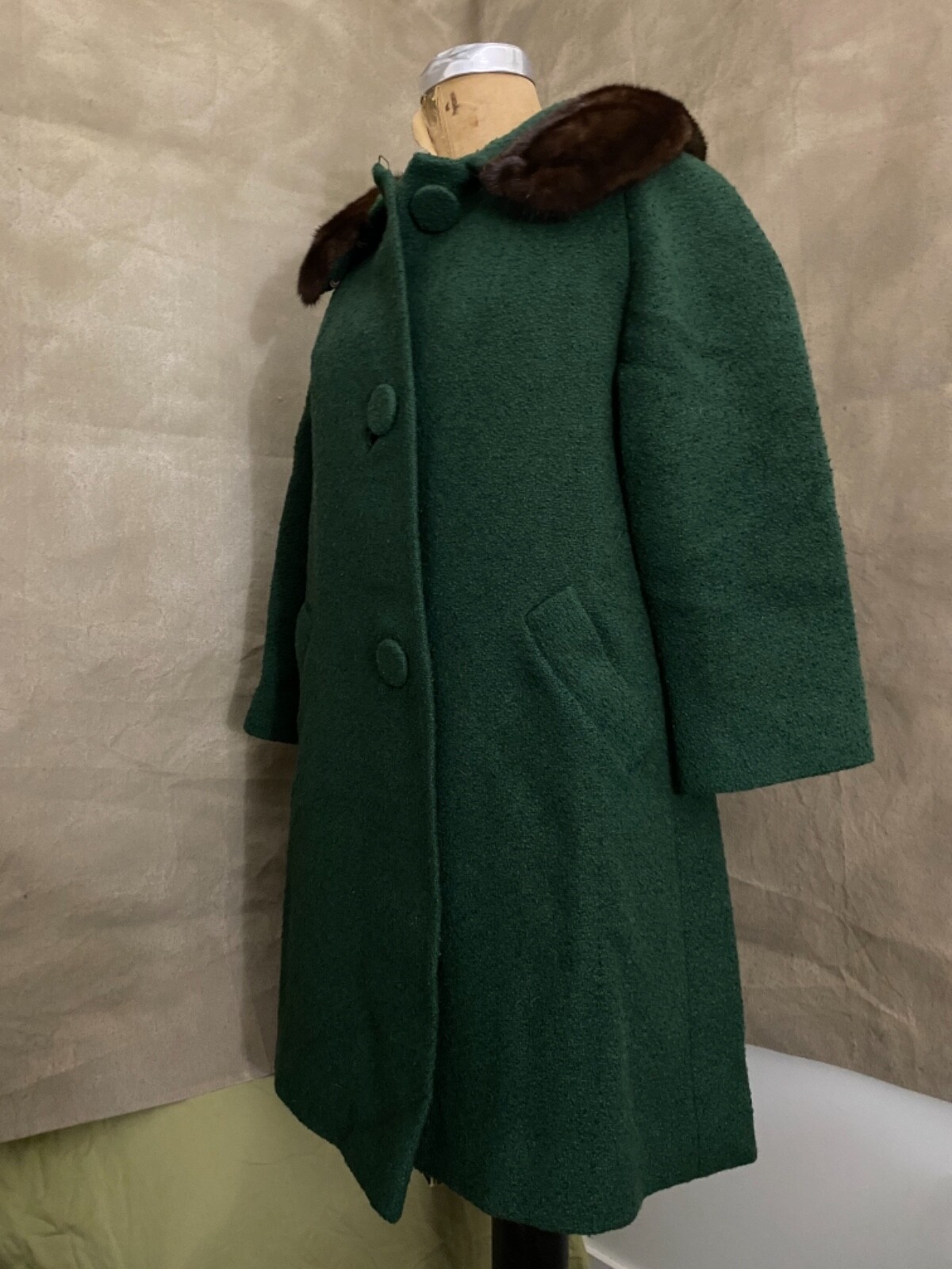 Vintage FOREST GREEN BOILED WOOL Coat MINK FUR COLLAR Copper Satin Lining M