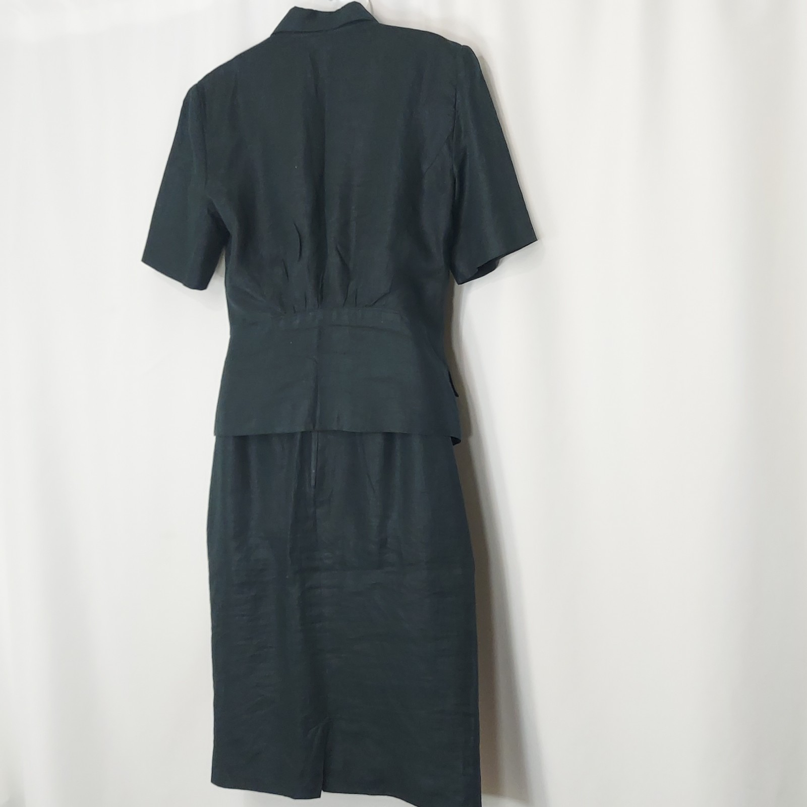 Linen Suit Double Breasted Jacket Blazer Pencil Skirt Off Black Green Vintage