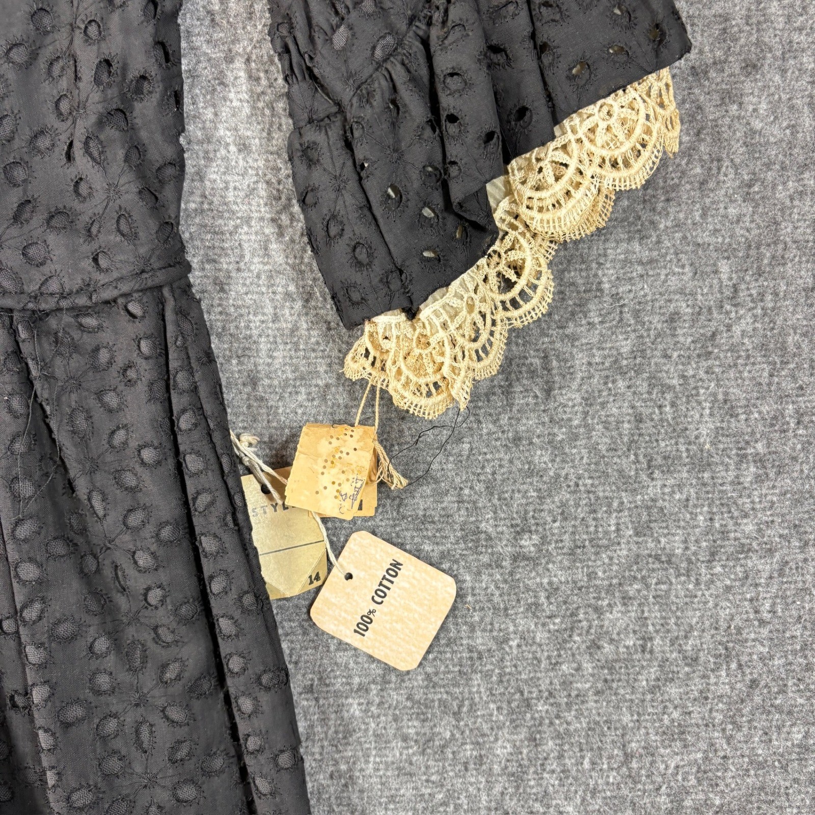 Vintage NWT Black Eyelet Cotton Midi Dress Lace Ruffle Sleeve Bow Detail Size 13